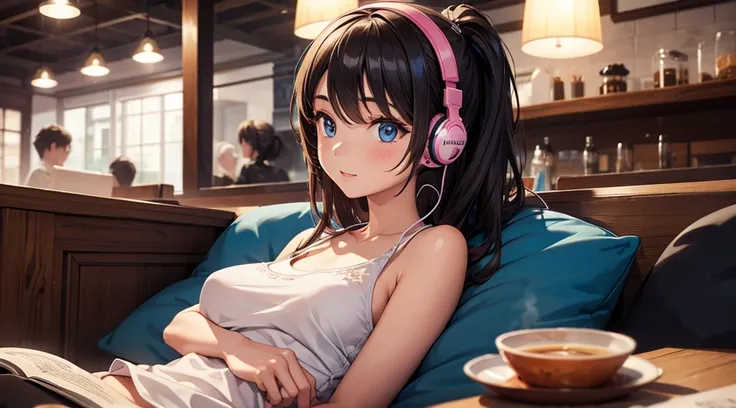 Girl with headphones enjoying music in a cafe　I am studying　Emphasize a little bit of the chest