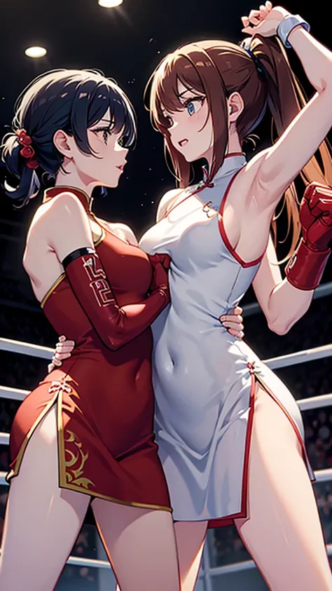 Two women in Chinese dresses are boxing and fighting in the ring