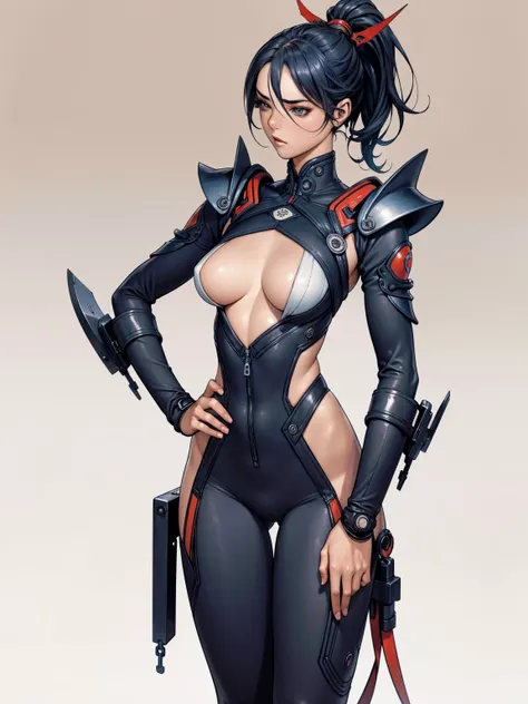  ((( dark grey blue suit and red))), (((bandaged arms))), ((high collar)), (((Ryuko Matoi dress))), (((micro dress with vertical seams))), (((best qualityer: 1.4))), (Unbeatable masterpiece), (hiper HD),(CG 8k hyper-realistic), (((brave face))), (((breasts...