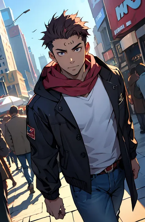 highest  quality, 8K, image high resolution, Detailed strokes, in the middle of a busy Times Square-style avenue, winter, leaning on one of the posts, teenager, Yuji Itadori, Dark Pink Hair , wearing a cold jacket , slightly unbuttoned jacket showing a bit...