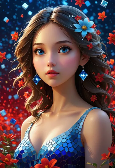 night，Beautiful Girl, Exquisite face, Blue gradient 3D pixel blocks, A structure that was initially intact but gradually disintegrated in the air, (Thousand Flower Glass), Starry Sky，fantasy，magic，mystery，illusory，Dreamy，Inverted, red symmetry, high qualit...