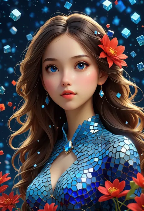 night，Beautiful Girl, Exquisite face, Blue gradient 3D pixel blocks, A structure that was initially intact but gradually disintegrated in the air, (Thousand Flower Glass), Starry Sky，fantasy，magic，mystery，illusory，Dreamy，Inverted, red symmetry, high qualit...