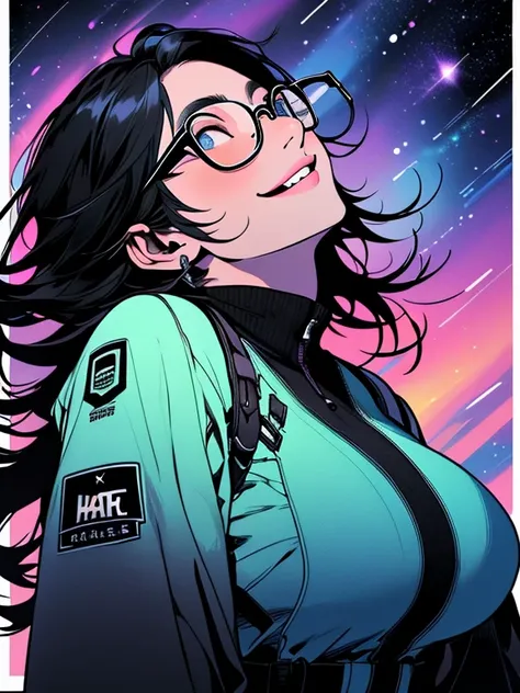 Highest quality,Highest Resolution,１People Women,sexy,Looking up at the starry sky,Glasses,Vibrant colors,Very beautiful eyes,Big Breasts,Black Hair,Silver,universe,no gravity,smile