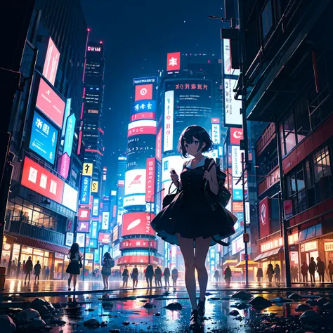 Masterpiece, highest quality, high resolution background, bright and beautiful atmosphere, 3 girls (2 years old, 1 short-tempered round face), 1  (hair, surface effects), small breasts, 101 in Shinjuku, under the building A girl playing the guitar, dressed...