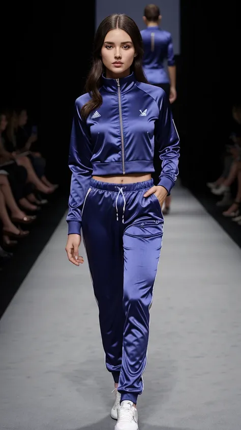 A female model on the catwalk,tight Satin tracksuit, sexy Ass,