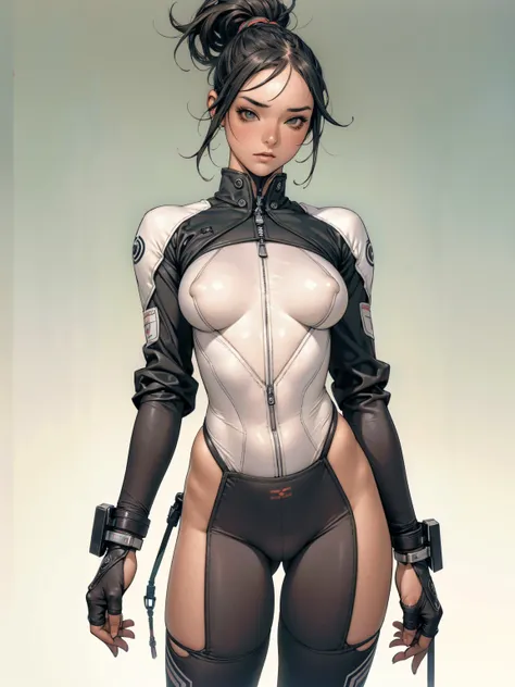 (((urban techwear))), ((( transparent suit ))), (((Bandaged body))), ((high collar)), (((Quorra))), (((best qualityer: 1.4))), (Unbeatable masterpiece), (hiper HD),(CG 8k hyper-realistic), (((brave face))), (((breasts big))), (((hyper feminine))), sexly gi...