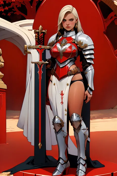 ((full body photo, standing, feet on the floor))  a woman in a red and silver outfit standing in front of a tree, bikini armor f...