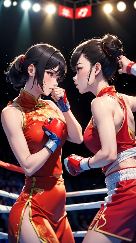 Two women in Chinese dresses are boxing and fighting in the ring