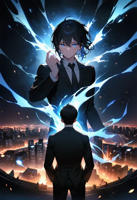 A man with black hair blue eyes in a black suit turns half-face his back on the city at night.