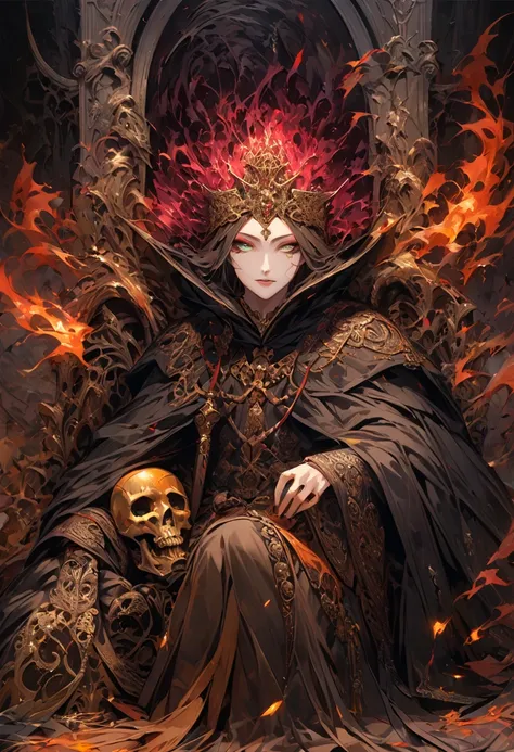 An otherworldly necromancer sits majestically atop a throne of bones, their dark cloak billowing ominously around them. With a gaze that seems to pierce through the canvas, the necromancers eyes glow with an eerie, unearthly light. This haunting image is a...