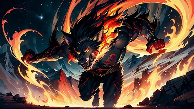 (masterpiece, top quality, best quality, official art, and beautiful：1.2) Scene depicting a Warewolf of War in hell with big white fangs, He is a great giant, he is a king, he is a strong warrior. Flame, moon in the night sky, magma, At the foot of the mou...