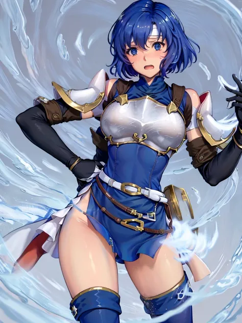 (White background:1.2),Catria_Nanometer, cute, Blue Hair, short hair, blue eyes, cute, Narrow waist, small, Toned Up, Large Breasts, Bare shoulders, Red neckerchief, Blue elbow gloves, Blue fingerless gloves, Pauldrons, belt, breastplate, White headband, S...