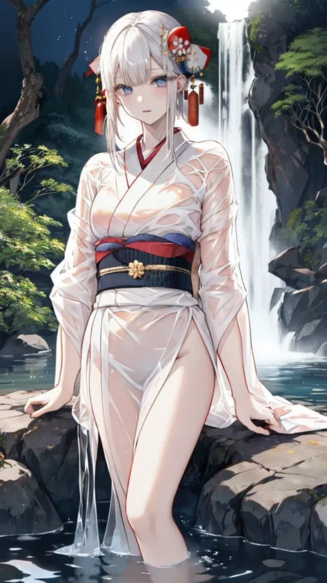 ((Waterfall basin on a moonlit night)),((池の真ん中に立つbeautiful女性)),((beautiful half-naked woman in a beautiful waterfall basin)), ((Sharp and captivating eyes))、((Sexy))、(((See-through kimono:1.3)))、((Kimono made of thin cloth wet with water:1)), Pale skin、(((...