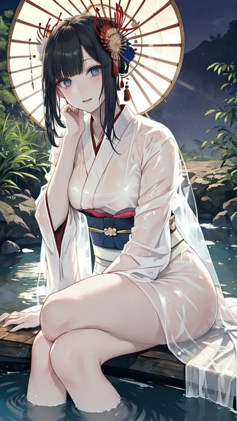 ((Waterfall basin on a moonlit night)),((池の真ん中に立つbeautiful女性)),((beautiful half-naked woman in a beautiful waterfall basin)), ((Sharp and captivating eyes))、((Sexy))、(((See-through kimono:1.3)))、((Kimono made of thin cloth wet with water:1)), Pale skin、(((...