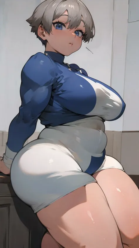 masterpiece, best quality, ultra-detailed, Potrait of beautiful , (chubby) (muscular), (plump), (sexly), (Breasts), (Plump), ((very short hair)), ((Uzaki Hana)), (overweight), (Gray Hair), ((Saggy breasts)), (blue eyes), (Short Hair), (blue eyes), ((thick)...