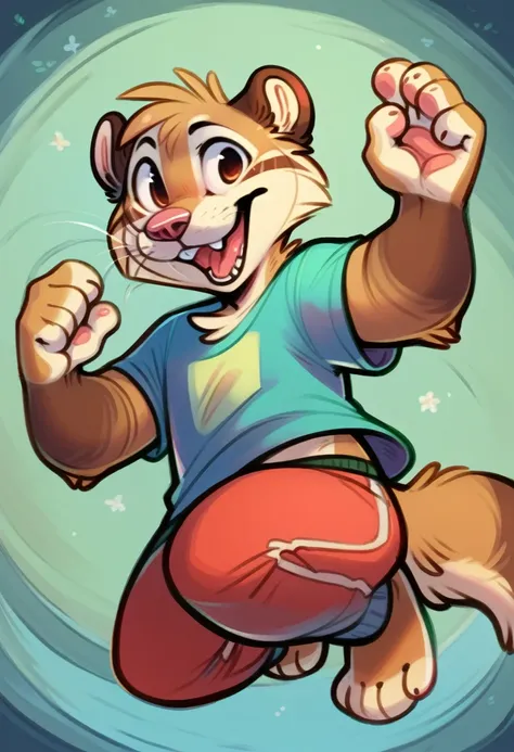 murine, murid, anthro, weasel , solo, clothing, mammal, male, topwear, clothed, detailed background, hi res, feet, shirt, open mouth, 3 toes, jumping, midair, action pose, fur, whiskers, smile, toes, buckteeth, 4 fingers, fingers, gesture, teeth, biped, ba...