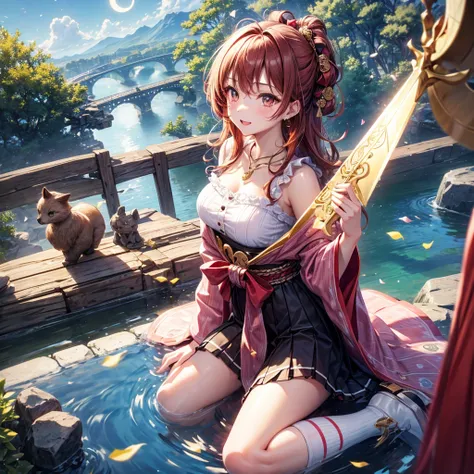 Pink, red, brown, gold, gold hair、Red gold eyes、Hair tied up、One good looking girl、solo、anime、Checkered mini skirt、Ruffles on the skirt、Checked dress、blouse、Kimono、Black knee-high socks、Ribbon、Ribbon on waist、Teeth are visible、Sparkly Necklace、From above、C...