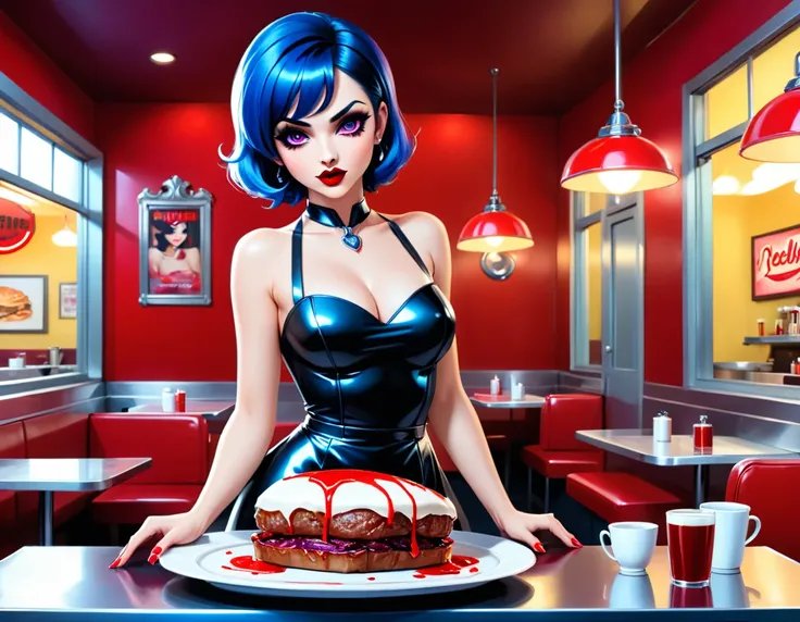 a 3d digital painting picture of extremely (beautiful female vanpire:1.3) serving a big juicy raw steak on a tray, dripping bloo...