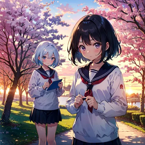 Masterpiece, highest quality, high resolution background, bright and beautiful atmosphere, 3 girls (2 years old, 1 short-tempered round face), 1  (hair, surface effects), small breasts, behind the school building, under the cherry tree, A girl in a sailor ...