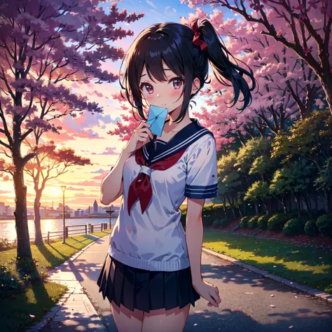 Masterpiece, highest quality, high resolution background, bright and beautiful atmosphere, 3 girls (2 years old, 1 short-tempered round face), 1  (hair, surface effects), small breasts, behind the school building, under the cherry tree, A girl in a sailor ...