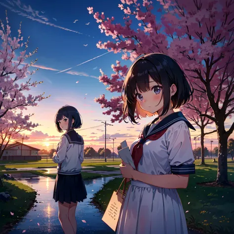 Masterpiece, highest quality, high resolution background, bright and beautiful atmosphere, 3 girls (2 years old, 1 short-tempered round face), 1  (hair, surface effects), small breasts, behind the school building, under the cherry tree, A girl in a sailor ...