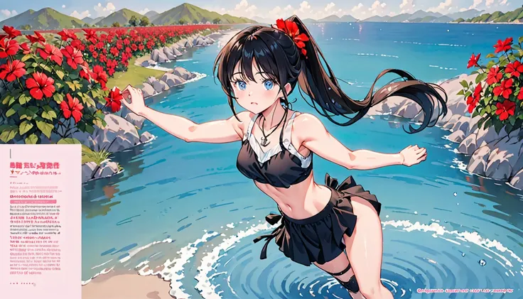 **Prompt:** "Please draw an anime-style female character with the following characteristics: - **Hair**: Long black hair tied in a ponytail, adorned with a red hibiscus flower. - **Eyes**: Blue eyes with a slight blush on her cheeks. - **Expression**: She ...