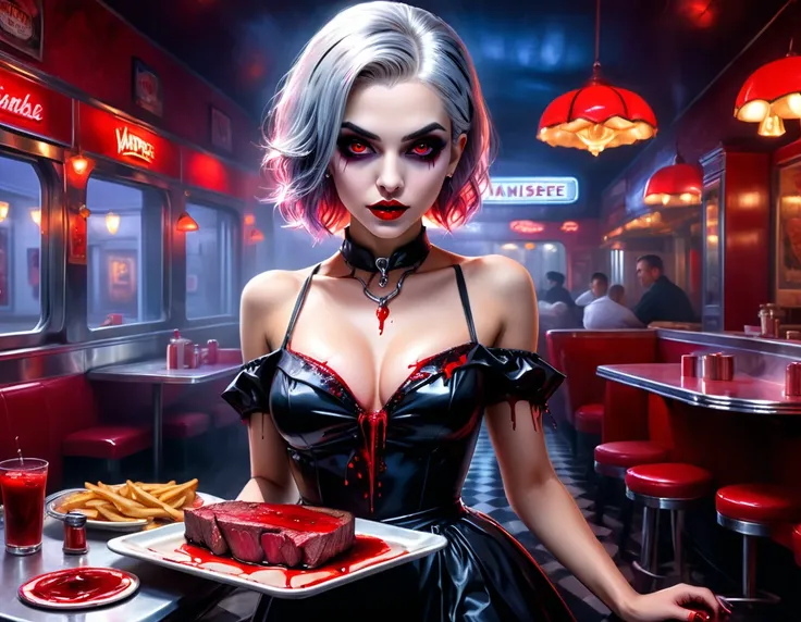 a 3D digital painting picture of extremely (beautiful female vanpire:1.3) serving a big juicy raw steak on a tray, dripping blood in a goth American diner, an exquisite beautiful female (vampire:1.3), (full body: 1.1) ultra feminine ultra detailed face, si...