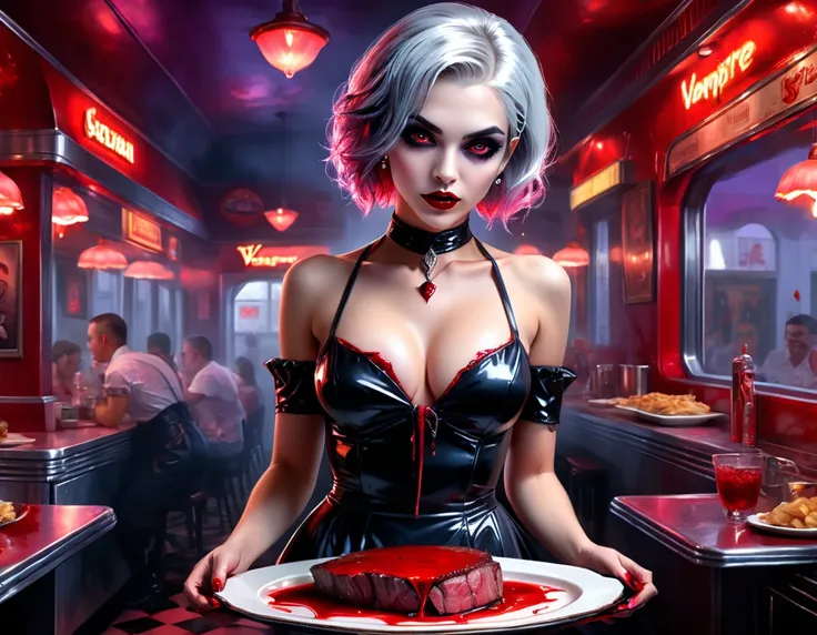 a 3D digital painting picture of extremely (beautiful female vanpire:1.3) serving a big juicy raw steak on a tray, dripping blood in a goth American diner, an exquisite beautiful female (vampire:1.3), (full body: 1.1) ultra feminine ultra detailed face, si...