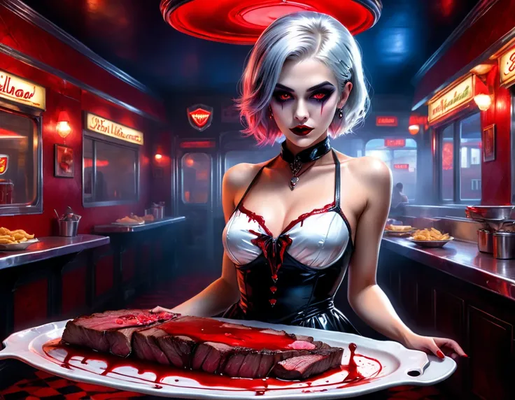 a 3D digital painting picture of extremely (beautiful female vanpire:1.3) serving a big juicy raw steak on a tray, dripping blood in a goth American diner, an exquisite beautiful female (vampire:1.3), (full body: 1.1) ultra feminine ultra detailed face, si...