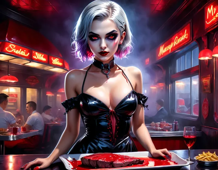 a 3D digital painting picture of extremely (beautiful female vanpire:1.3) serving a big juicy raw steak on a tray, dripping blood in a goth American diner, an exquisite beautiful female (vampire:1.3), (full body: 1.1) ultra feminine ultra detailed face, si...