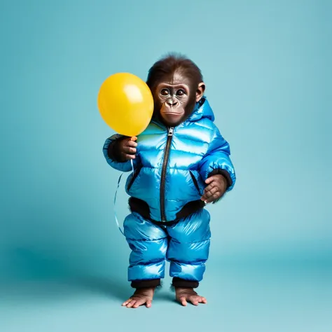 gorilla , baby, standing, big blue eyes, in a childrens jacket, and childrens pants, with a balloon in his hand, on a plain blue background, in full growth,
