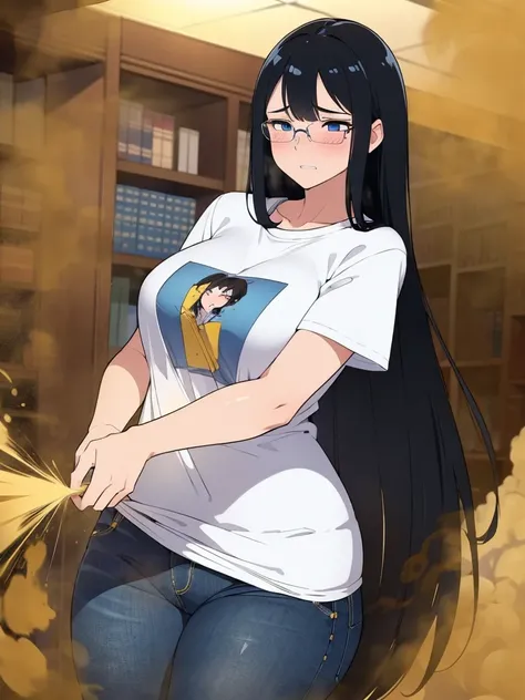 (best quality:1.4),masterpiece,ultra-detailed,delicate features,delicate skin,realism,beautiful lighting,1girl,black hair ,blues eyes ,tareme,long hair,gleaming skin,glasses, oversized tshirt, blue jeans, massive fart, yellow smoke rising, blush, clenching...