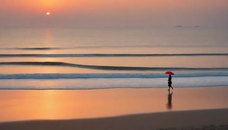 desolate long beach, A short-haired woman walking from afar, red light of sunset, alone, afternoon, depressed, tide가 밀려온다, ocean, tide, umbrella , wind, short korean woman, 잔잔한 tide. 