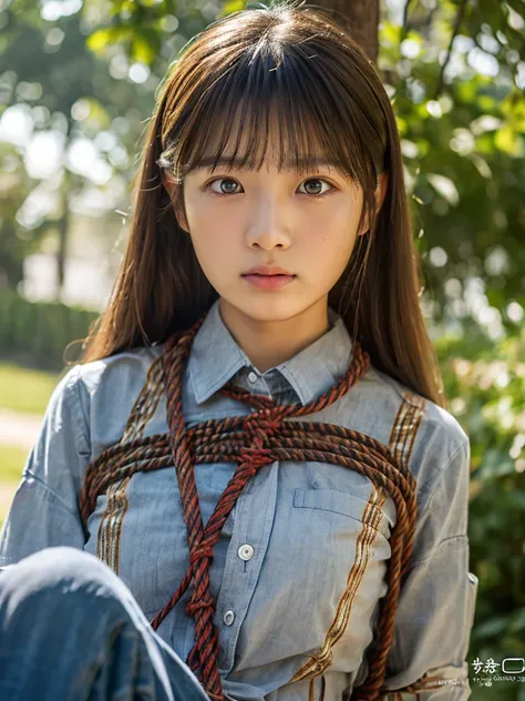 ((highest quality, 8K, masterpiece :1.3)), Photorealistic、Ultra-high resolution、Natural skin texture、Hyperrealism、Photograph from the knee up、Beautiful Japanese girl in her early teens、White collared shirt、Rope tied around chest、Angry expression