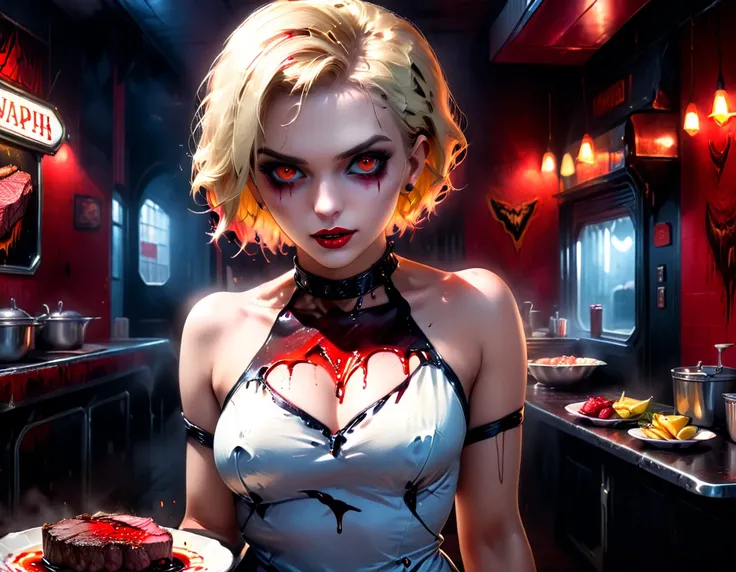 a 3D digital painting picture of extremely (beautiful female vanpire:1.3) ((serving a big juicy raw steak: 1.3)) on a tray, dripping blood in a goth American diner, an exquisite beautiful female (vampire:1.3), (full body: 1.3) ultra feminine ultra detailed...