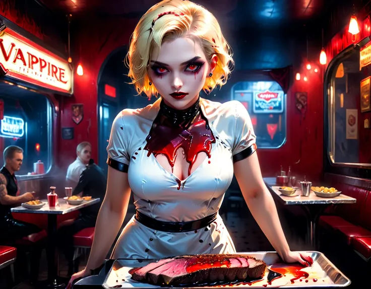 a 3D digital painting picture of extremely (beautiful female vanpire:1.3) ((serving a big juicy raw steak: 1.3)) on a tray, dripping blood in a goth American diner, an exquisite beautiful female (vampire:1.3), (full body: 1.3) ultra feminine ultra detailed...