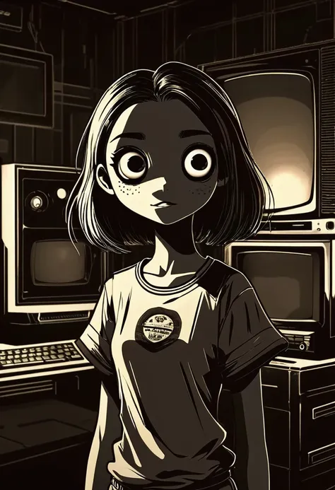 "A room at night, completely darkened, where only the light from the TV creates ominous shadows. The grainy sepia rendering gives the picture a retro atmosphere. The creepypasta is a scary entity in the form of a girl with huge eyes and a scary smile, remi...