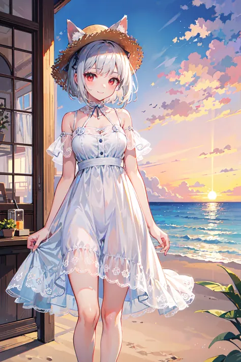 (masterpiece), (Highest quality), (Very detailed), (Beautiful illustrations), (pretty girl), 1 Girl, Silver Hair, short hair, Red eyes, 16 years old, White Dress, Straw hat, Cute Smile, Sandy Beach, evening, sunset,Animal ears,Fluffy tail