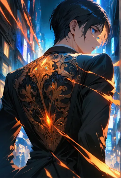 A man with black hair blue eyes in a black suit turns half-face his back on the city at night.