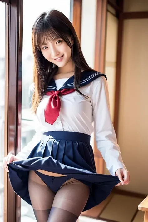 Highest quality、Highest quality、Highest Resolution、masterpiece、detailed、live-action)、
(((Lift up the hem of the sailor uniform skirt with your own hands)))、
(((Grab the hem of your sailor uniform skirt with your own hands)))、
(((Wearing pantyhose up to the...