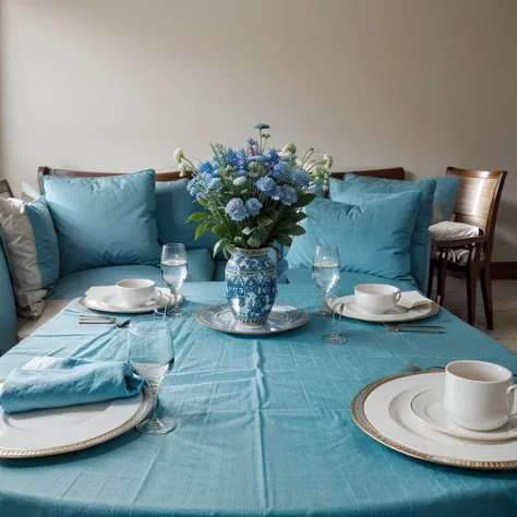 A photorealistic image of a luxuriously set table in a prestigious hotel dining room. The table is covered in a light blue tablecloth that casts a soft, elegant blue tint on the entire scene.  Focus on the intricate details of the table setting, including ...