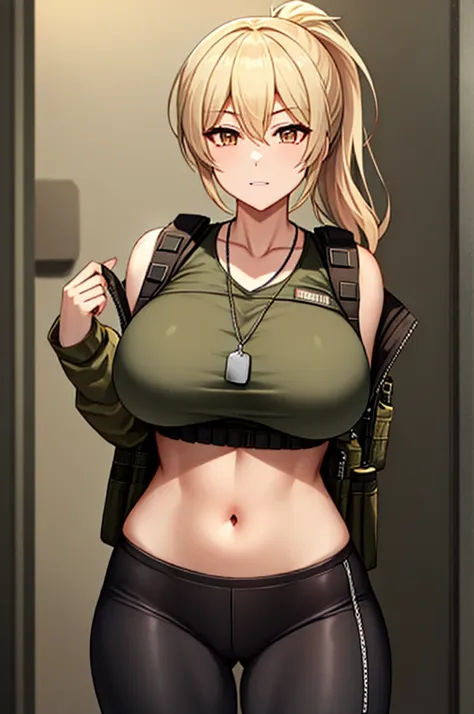 light blond ponytail, tactical military vest, navel, dog tag, tight pants, large breasts, late twenties age