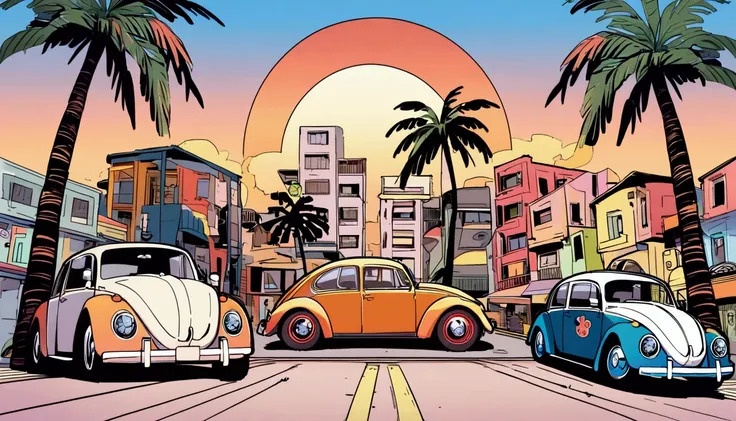 ((Sticker design)), Volkswagen Type 1　beetle, Sunset background, Palm tree, Layers with 5 colors, Corner Street, Belek&#39;s Drums, Plethean, 