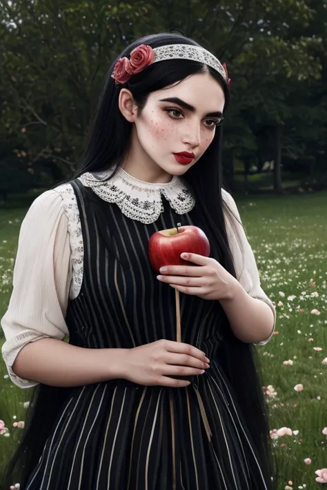 a woman with long flowing black hair, piercing eyes, a prominent unibrow, rosy cheeks, eating a juicy red apple, wearing a victo...