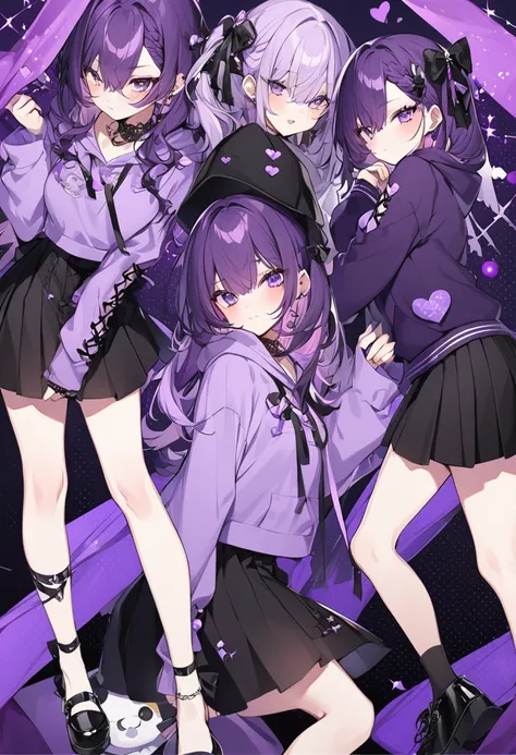 Kate。Purple Eyes。Purple Hair。Purple hoodie。Black Skirt。Black shoes下。Black shoes。aphrodisiac。Eyes are hearts