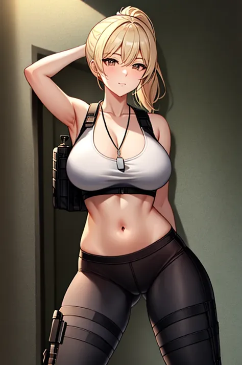 light blond ponytail, tactical military vest, navel, dog tag, tight pants, large breasts, late twenties age