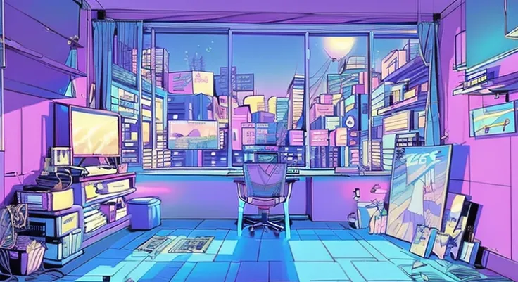 (zero), Girl studying in her room, reading a book, Wear headphones, , night lights, Neon landscape on a rainy day,Analog Color Theme, Lo-Fi Hip Hop , retrospective, flat, 2.5D ,Draw a line, Ink Drawing, Large slope, Watercolor painting, Goosch Colors, Stud...