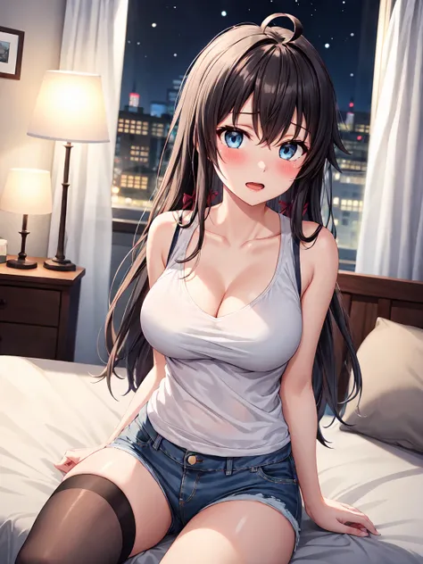 Masterpiece ,best quality , high resolution , (1 girl solo:1.38) , (yukino yukinoshita, black hair, blue eyes, long hair, ahoge) , (cleavage:1.1) , (big breast:1.06) , (denim_micro_short , top tank , stockings , sleeveless) , (face view , front view , look...