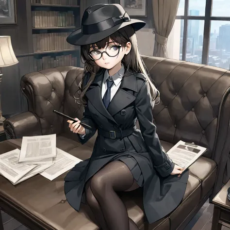 masterpiece, best quality, 8k,1 girl ( black trench coat, suit, skirt, fedora, glasses, cross-legged, sitting on sofa, necktie, right hand hold magnifier:1.2, serious), ( table, papers on table ), window, ofice background,