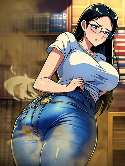 (best quality:1.4),masterpiece,ultra-detailed,delicate features,delicate skin,realism,beautiful lighting,1girl,black hair ,blues eyes ,tareme,long hair,gleaming skin,glasses, oversized tshirt, blue jeans, massive fart, yellow smoke rising, blush, clenching...